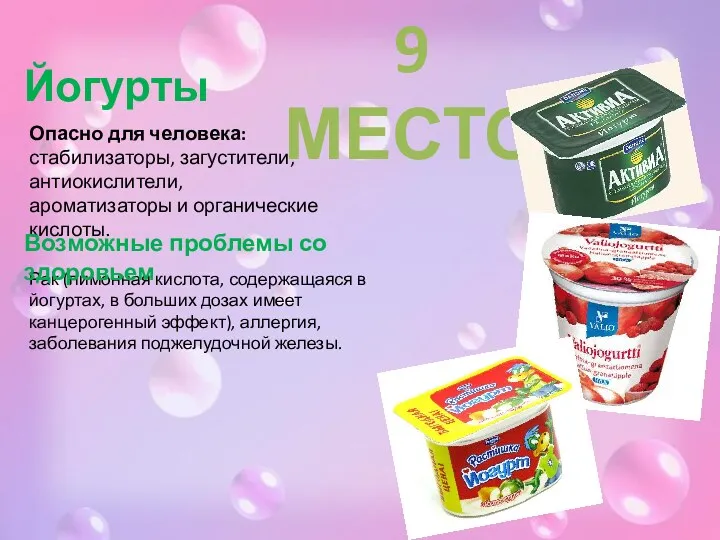 Йогурты 9 МЕСТО Опасно для человека: стабилизаторы, загустители, антиокислители, ароматизаторы