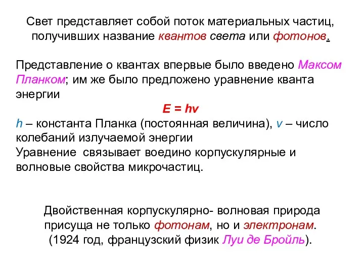 Свет представляет собой поток материальных частиц, получивших название квантов света