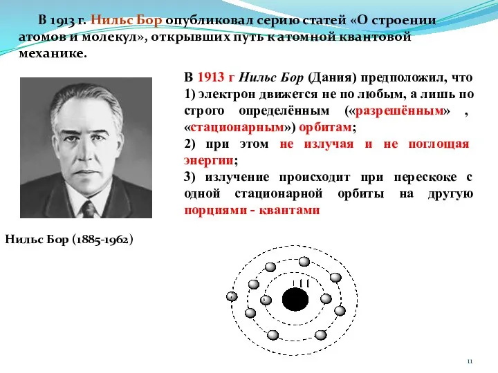 Нильс Бор (1885-1962) В 1913 г. Нильс Бор опубликовал серию