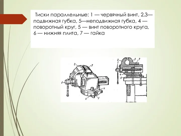 Тиски параллельные: 1 — червячный винт, 2,3—подвижная губка, 5—неподвижная губка,