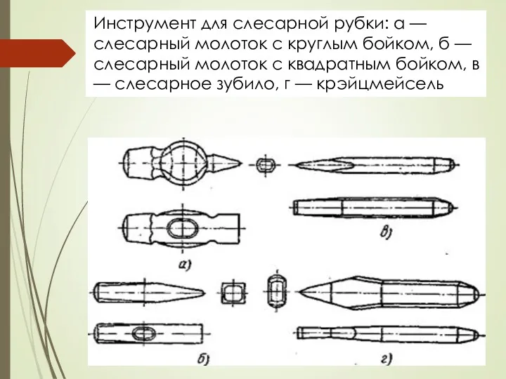 Инструмент для слесарной рубки: а — слесарный молоток с круглым