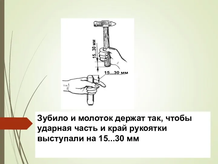 Зубило и молоток держат так, чтобы ударная часть и край рукоятки выступали на 15...30 мм