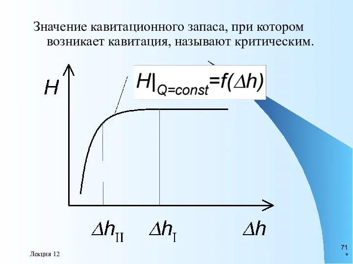 * Лекция 12 Значение кавитационного запаса, при котором возникает кавитация, называют критическим.