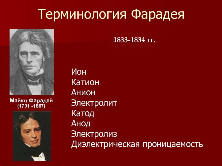 Терминология Фарадея Майкл Фарадей (1791 -1867) Ион Катион Анион Электролит