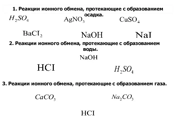 1. Реакции ионного обмена, протекающие с образованием осадка. 2. Реакции