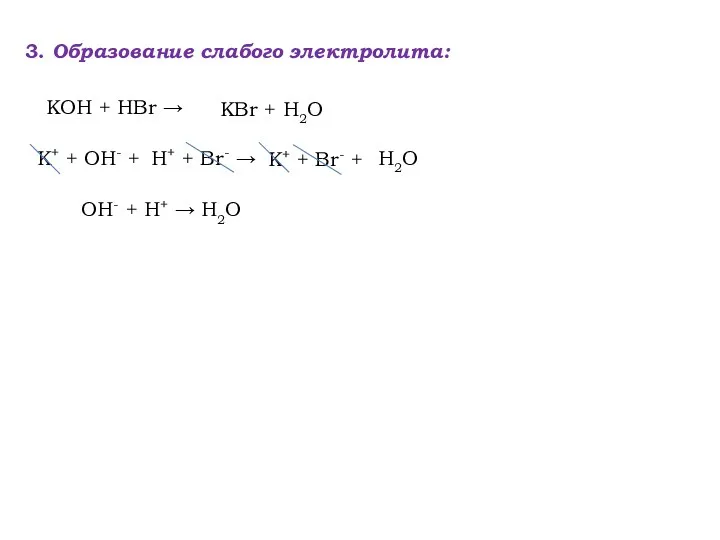 3. Образование слабого электролита: OH- + H+ → H2O KOH