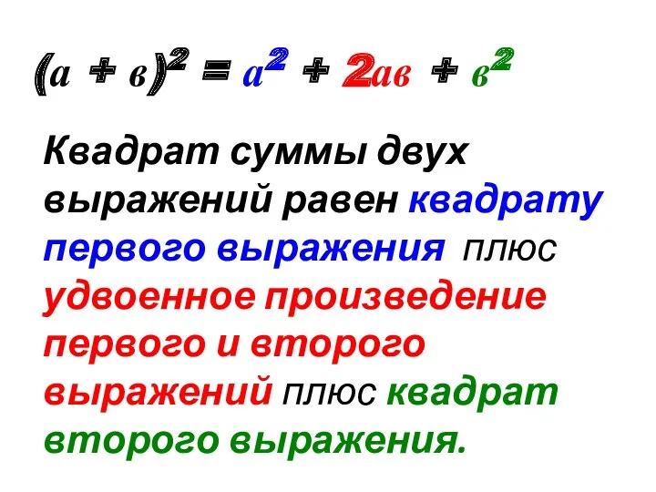 (а + в)2 = а2 + 2ав + в2 Квадрат