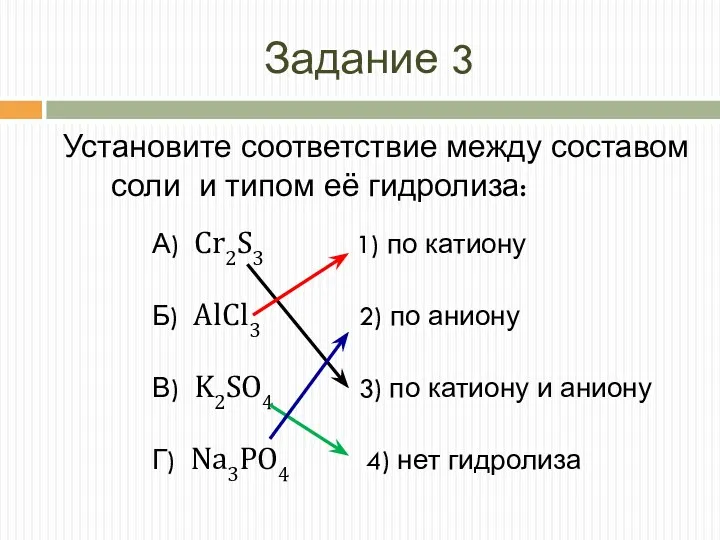 Задание 3 А) Cr2S3 1) по катиону Б) AlCl3 2)