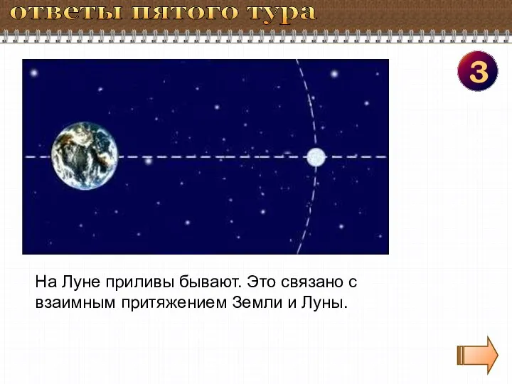 3 ответы пятого тура На Луне приливы бывают. Это связано с взаимным притяжением Земли и Луны.