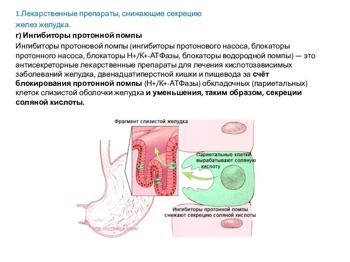 1.Лекарственные препараты, снижающие секрецию желез желудка. г) Ингибиторы протонной помпы