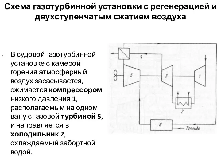 Схема газотурбинной установки с регенерацией и двухступенчатым сжатием воздуха В