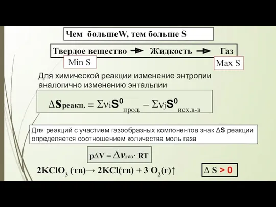 Чем большеW, тем больше S Твердое вещество Жидкость Газ Max