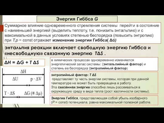 Энергия Гиббса G Суммарное влияние одновременного стремления системы перейти в