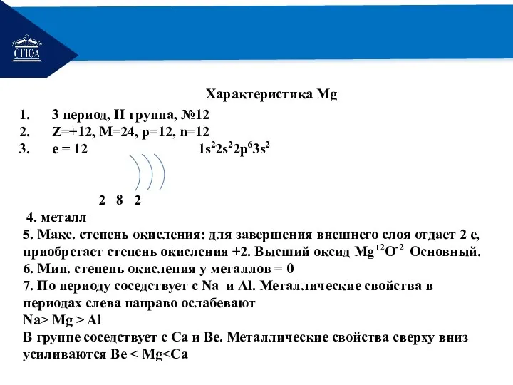 РЕМОНТ Характеристика Мg 3 период, II группа, №12 Z=+12, М=24,