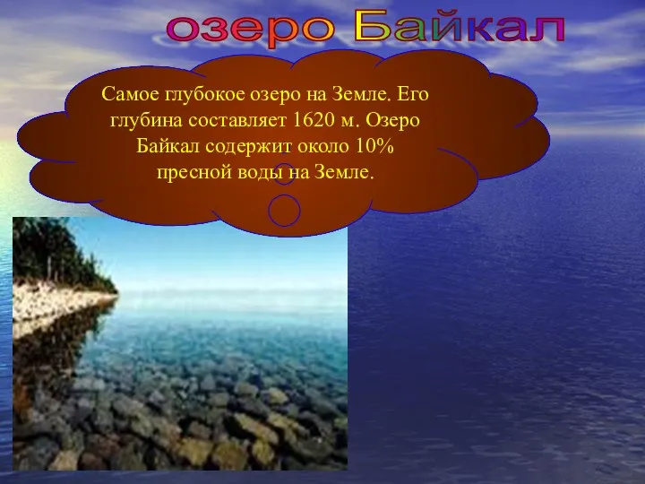 озеро Байкал Самое глубокое озеро на Земле. Его глубина составляет