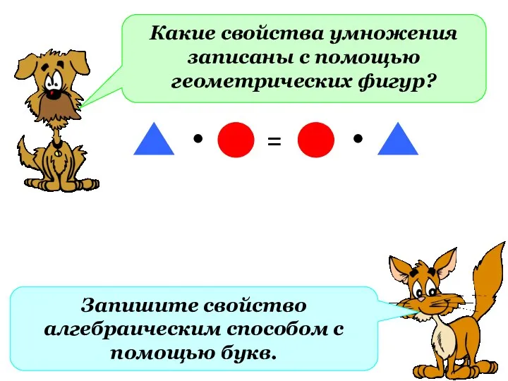 Какие свойства умножения записаны с помощью геометрических фигур? = Запишите свойство алгебраическим способом с помощью букв.