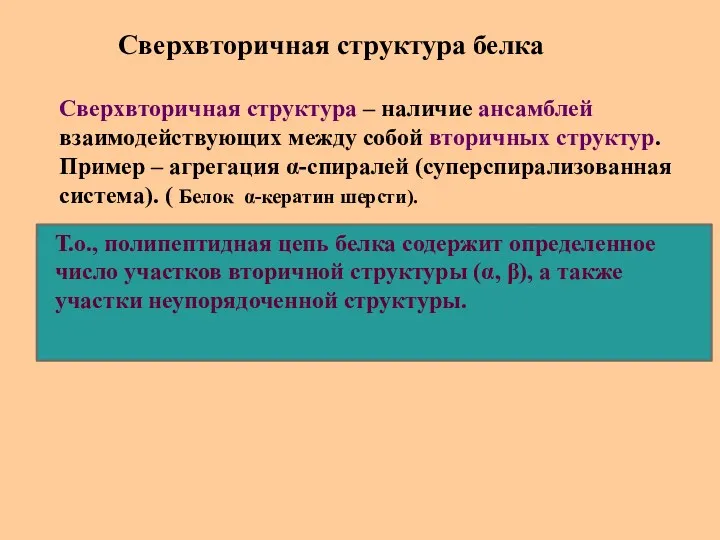 Сверхвторичная структура белка Сверхвторичная структура – наличие ансамблей взаимодействующих между