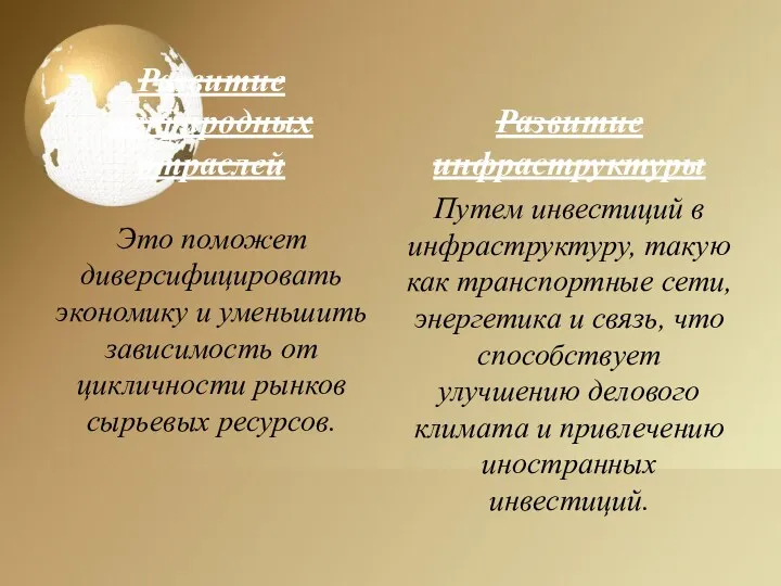 Развитие неприродных отраслей Это поможет диверсифицировать экономику и уменьшить зависимость