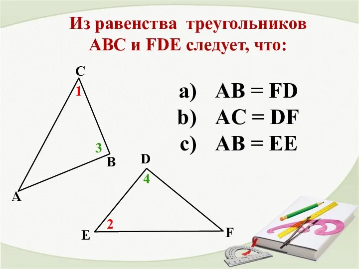 Из равенства треугольников АВС и FDE следует, что: А В