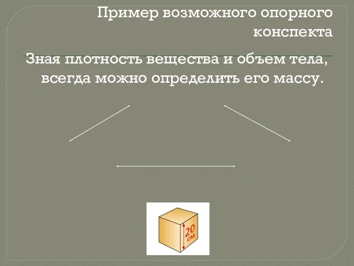 Пример возможного опорного конспекта Зная плотность вещества и объем тела, всегда можно определить его массу.