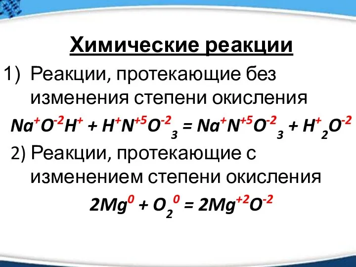 Химические реакции Реакции, протекающие без изменения степени окисления Na+O-2H+ +