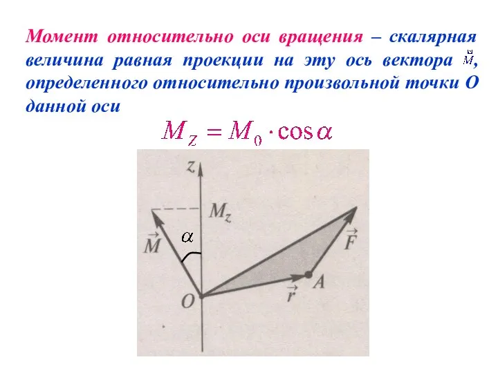 Момент относительно оси вращения – скалярная величина равная проекции на