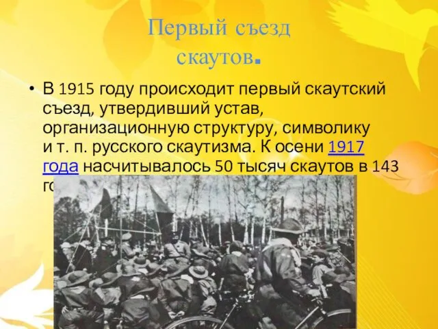 Первый съезд скаутов. В 1915 году происходит первый скаутский съезд,