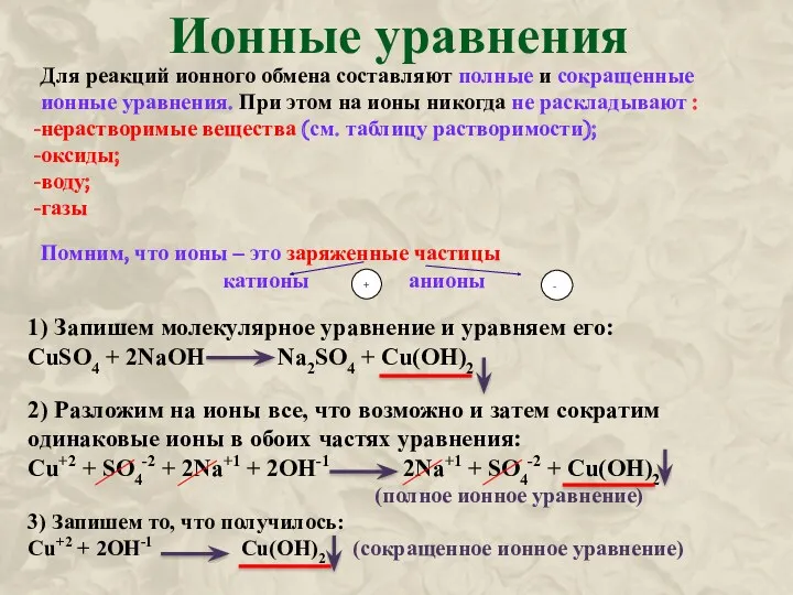 Ионные уравнения Для реакций ионного обмена составляют полные и сокращенные