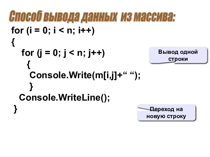 Способ вывода данных из массива: for (i = 0; i