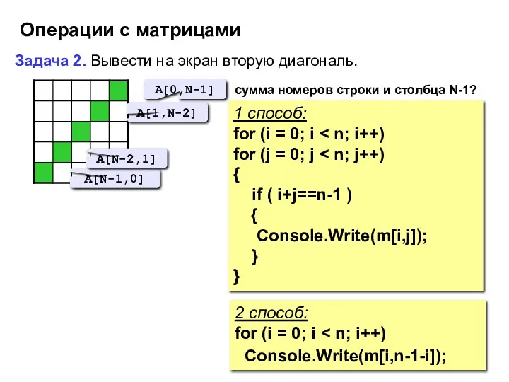 Операции с матрицами A[0,N-1] Задача 2. Вывести на экран вторую