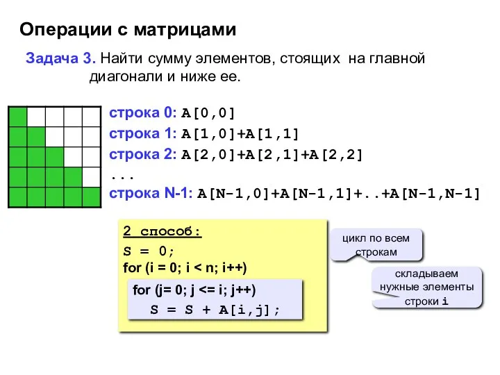 Операции с матрицами Задача 3. Найти сумму элементов, стоящих на