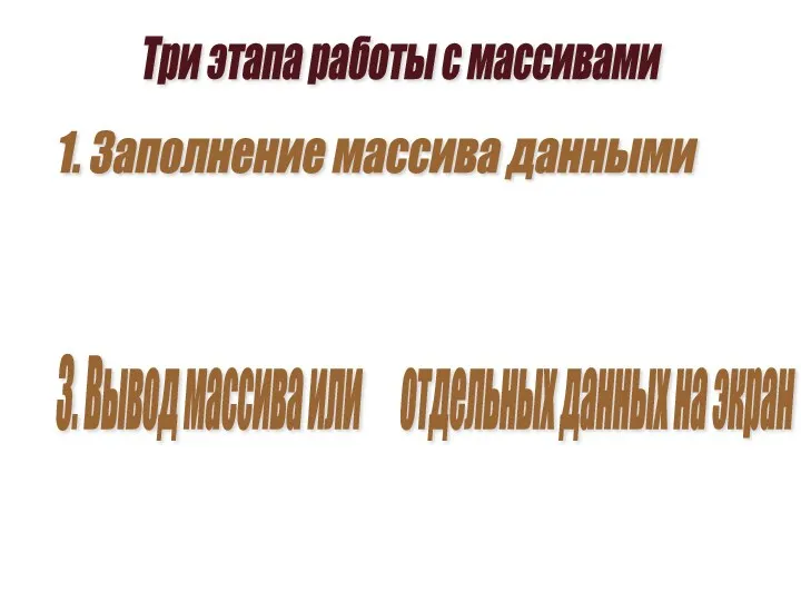 Три этапа работы с массивами 1. Заполнение массива данными 2.