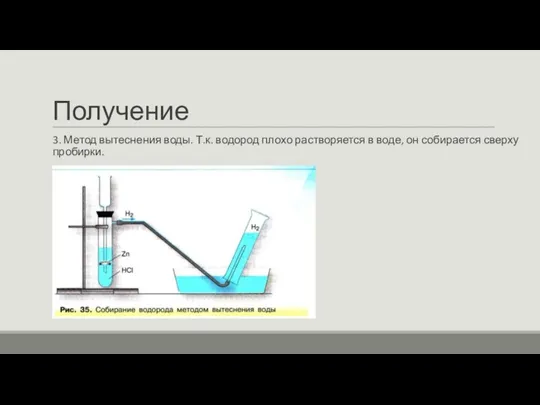 Получение 3. Метод вытеснения воды. Т.к. водород плохо растворяется в воде, он собирается сверху пробирки.