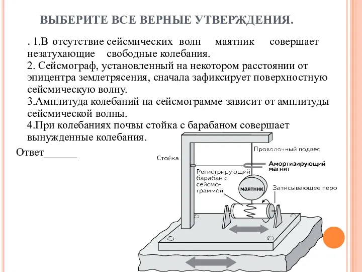 ВЫБЕРИТЕ ВСЕ ВЕРНЫЕ УТВЕРЖДЕНИЯ. . 1.В отсутствие сейсмических волн маятник