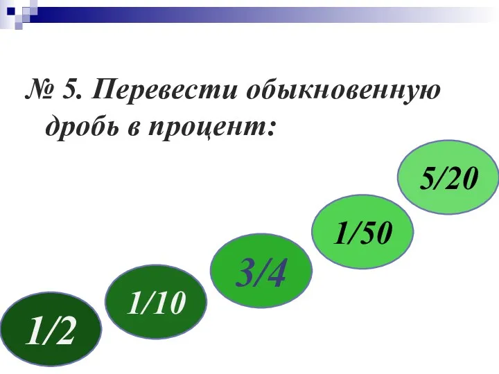 № 5. Перевести обыкновенную дробь в процент: 1/2 1/10 3/4 1/50 5/20