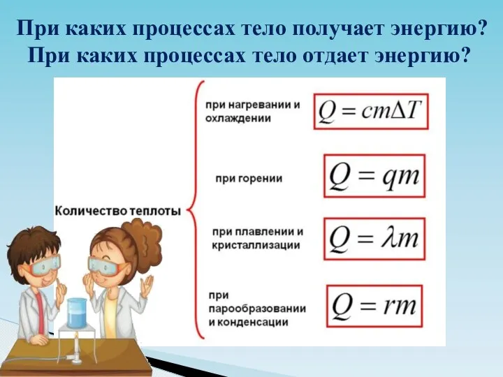 При каких процессах тело получает энергию? При каких процессах тело отдает энергию?