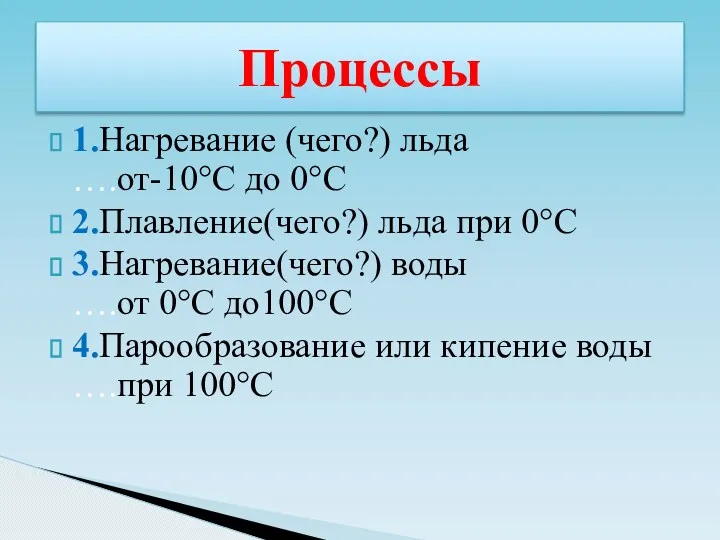 Процессы 1.Нагревание (чего?) льда ….от-10°C до 0°C 2.Плавление(чего?) льда при