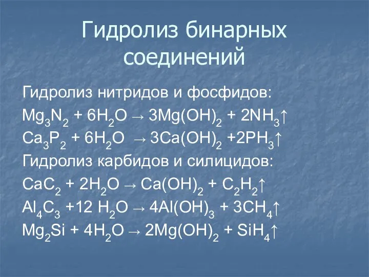 Гидролиз бинарных соединений Гидролиз нитридов и фосфидов: Mg3N2 + 6H2O