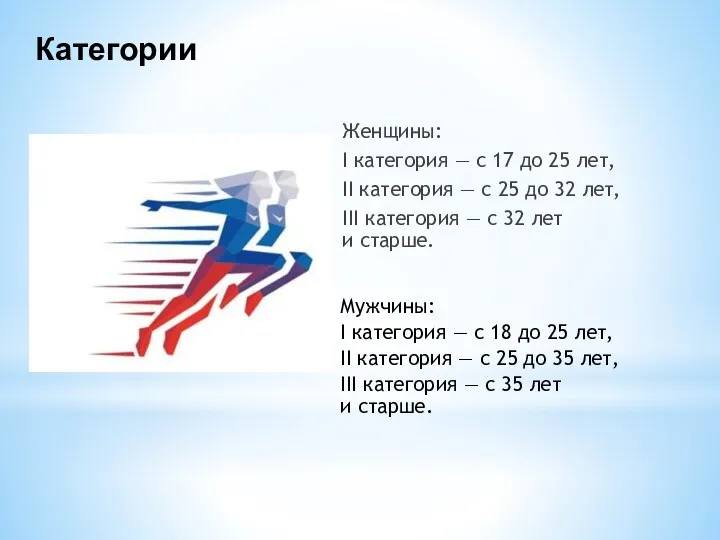 Женщины: I категория — с 17 до 25 лет, II категория — с