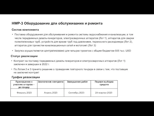 HWP-3 Оборудование для обслуживания и ремонта Состав компонента Поставка оборудования