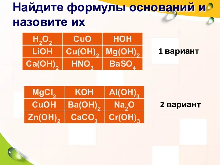 Найдите формулы оснований и назовите их 1 вариант 2 вариант