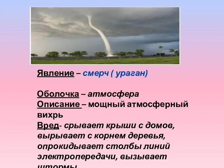 Явление – смерч ( ураган) Оболочка – атмосфера Описание –