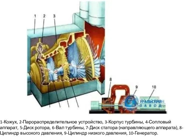 1-Кожух, 2-Парораспределительное устройство, 3-Корпус турбины, 4-Сопловый аппарат, 5-Диск ротора, 6-Вал