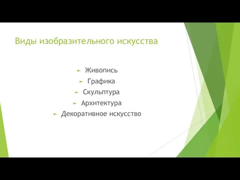 Виды изобразительного искусства Живопись Графика Скульптура Архитектура Декоративное искусство