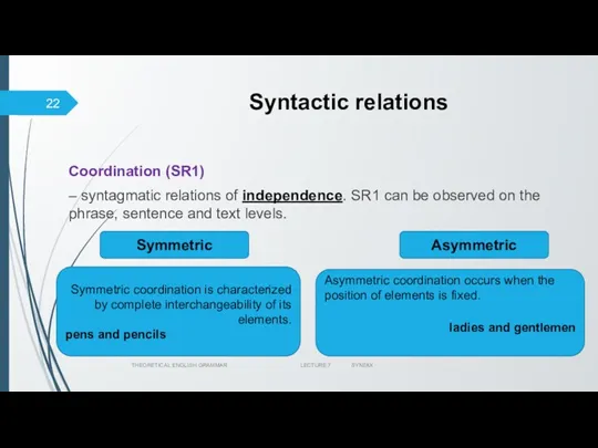 Syntactic relations Coordination (SR1) – syntagmatic relations of independence. SR1