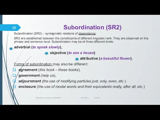 Subordination (SR2) Subordination (SR2) – syntagmatic relations of dependence. SR2