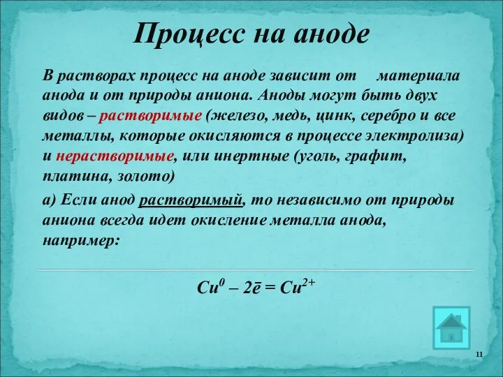 Процесс на аноде В растворах процесс на аноде зависит от