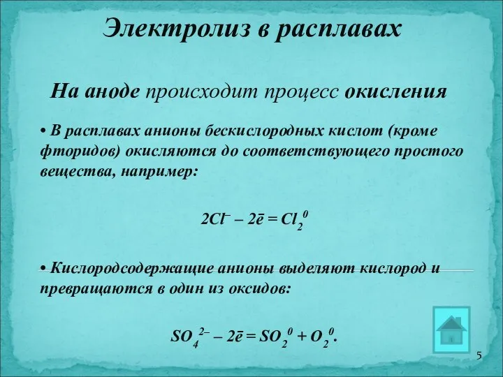 Электролиз в расплавах На аноде происходит процесс окисления • В