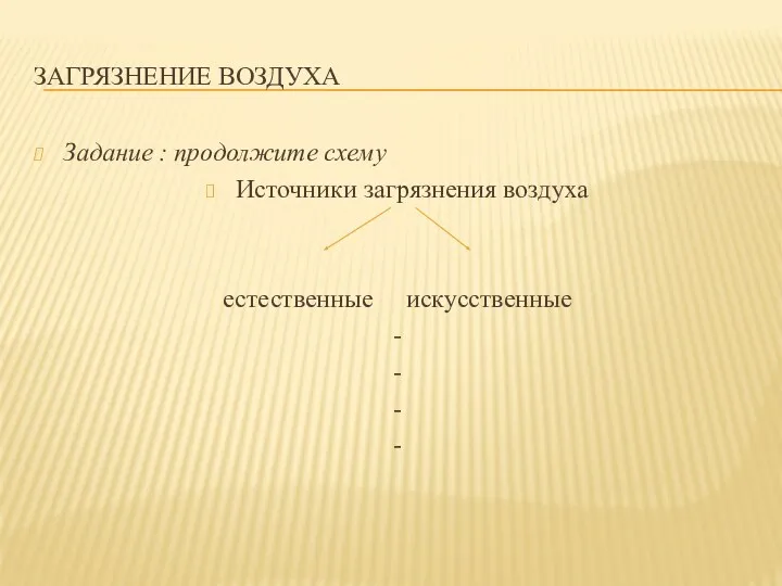 ЗАГРЯЗНЕНИЕ ВОЗДУХА Задание : продолжите схему Источники загрязнения воздуха естественные искусственные - - - -