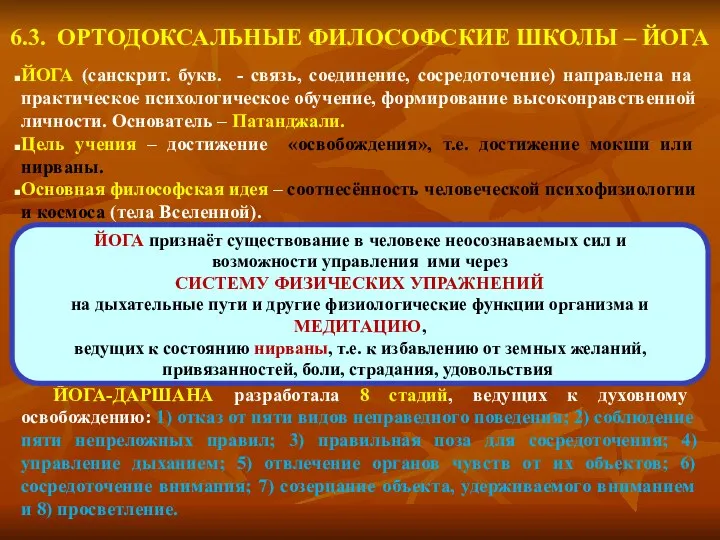 6.3. ОРТОДОКСАЛЬНЫЕ ФИЛОСОФСКИЕ ШКОЛЫ – ЙОГА ЙОГА (санскрит. букв. - связь, соединение, сосредоточение)